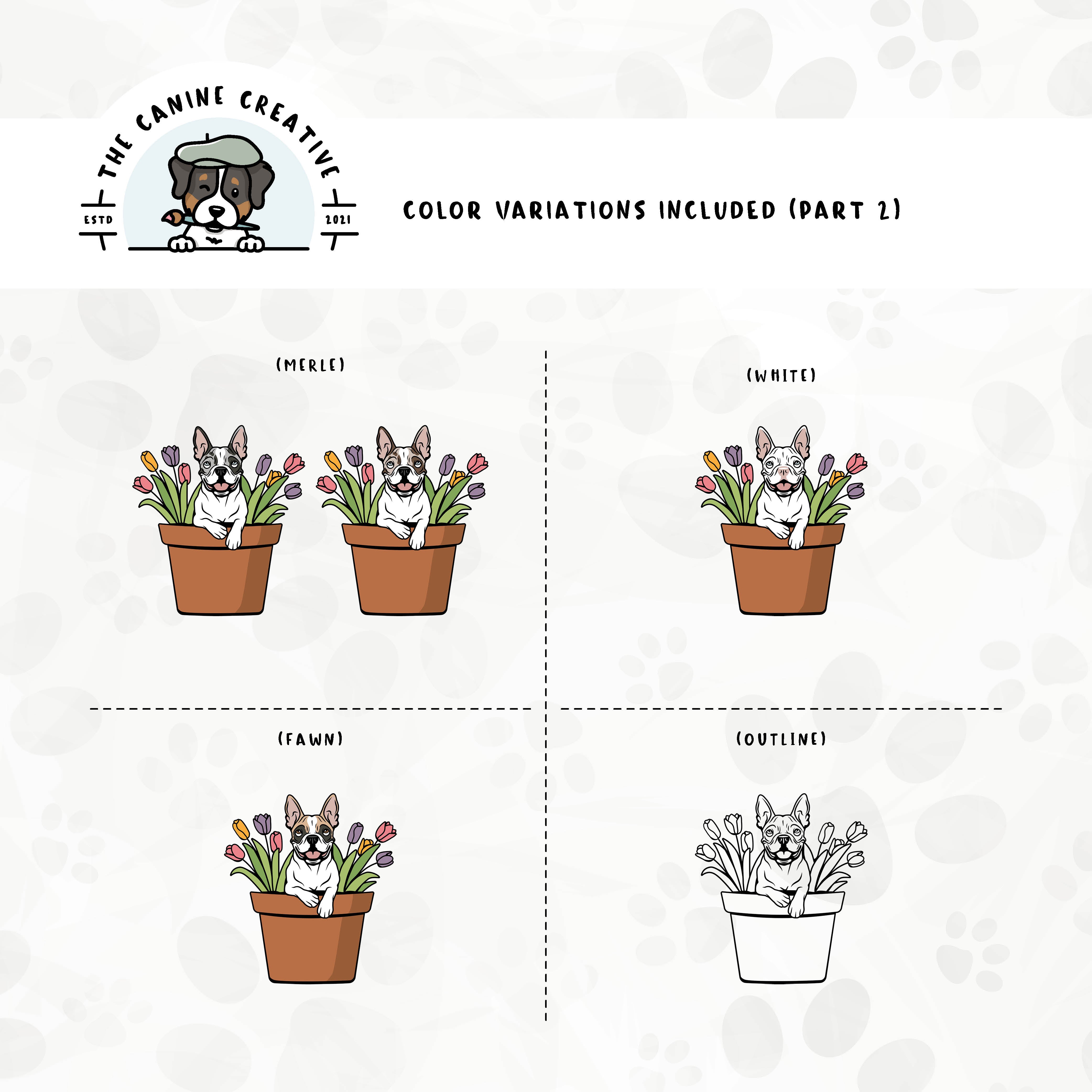 Part 2 of dog color variations for this Boston design set includes brindle, merle, fawn, and platinum colors, as well as an outline version.